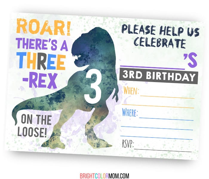 fill-in birthday invitation featuring the silhouette of a T-rex and the words "Roar! There's a three-rex on the loose!"