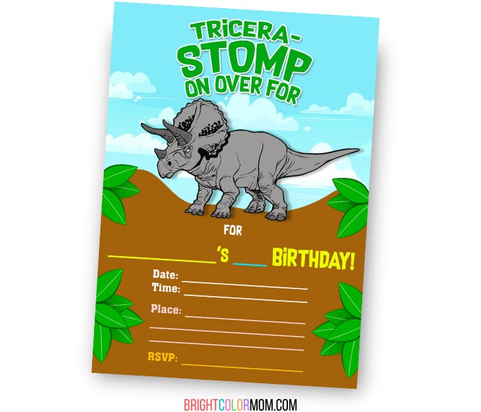 fill-in birthday invitation featuring a triceratops and the words "Tricera-stomp on over"