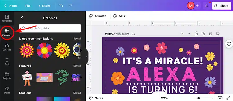 screenshot of Canva showing how to get to the Elements tab