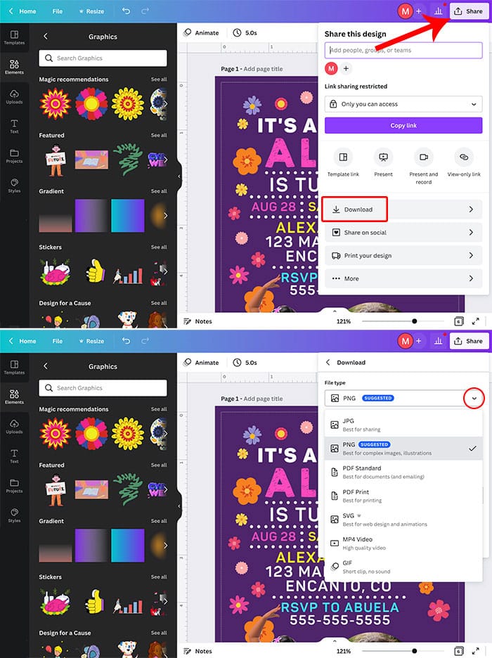 screenshots showing how to get to the Download menu in Canva