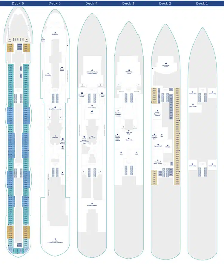 deck plans for decks 1 through 6 on the Disney Wish