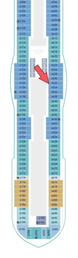 Disney Wish deck 6 plan pointing out stateroom 6632 on the bumpout area