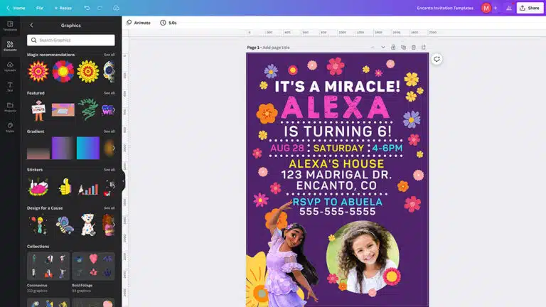 screenshot of a free Encanto invitation template in Canva