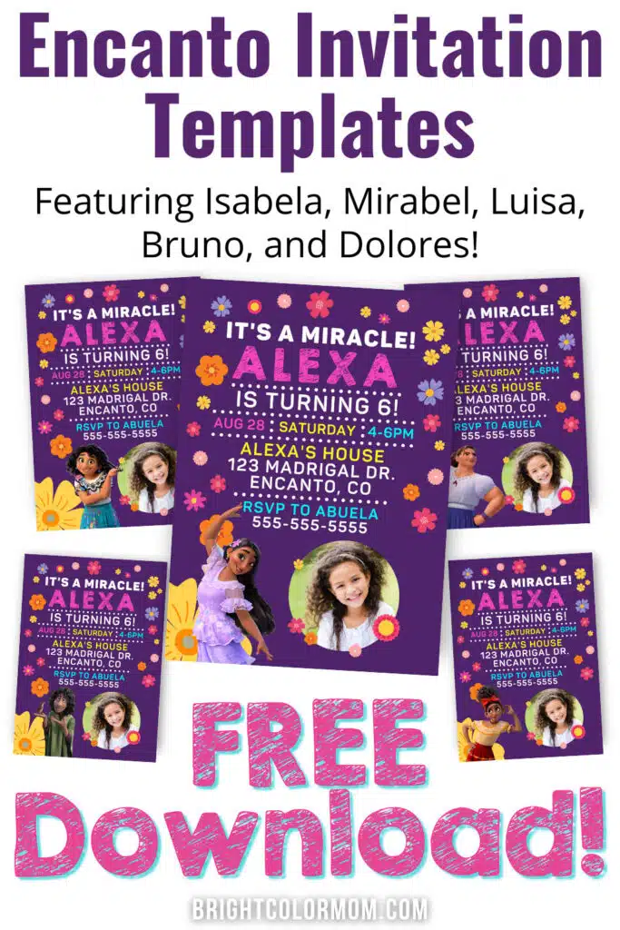 five variants of a free Encanto invitation template, each featuring Isabela, Mirabel, Luisa, Bruno, or Dolores