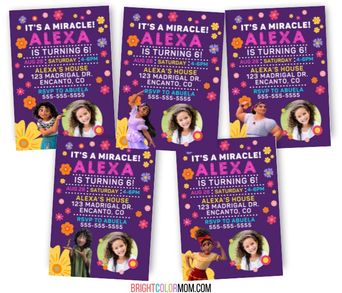 five editable Encanto invitation templates for Mirabel, Isabela, Luisa, Bruno, and Dolores