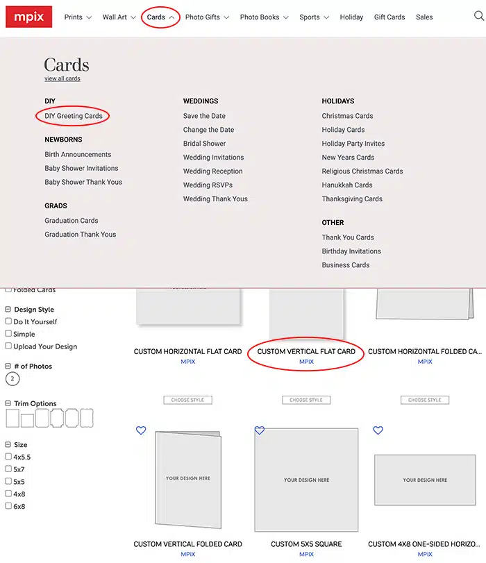 screenshot showing how to order custom greeting cards on Mpix