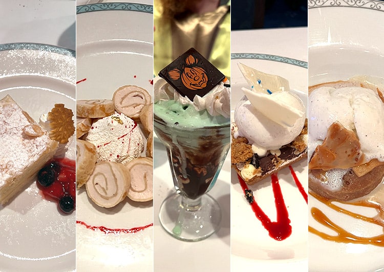 split image showing each of the five desserts in the Arendelle restaurant on the Disney Wish