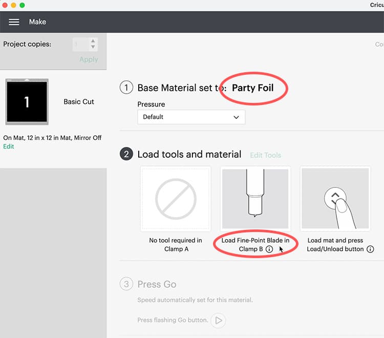 screenshot of where Cricut Design Space shows the material being used and what blade to put in the machine