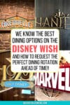 Images from various dining locations on the Disney Wish covered in text that says "We know the best dining options on the Disney Wish and how to request the perfect dining rotation ahead of time!!"