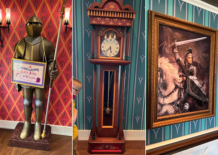 split image showing three items in the hallway leading to the Arendelle restaurant on the DIsney Wish: a suit of armor, a grandfather clock, and a replica of Joan of Arc artwork