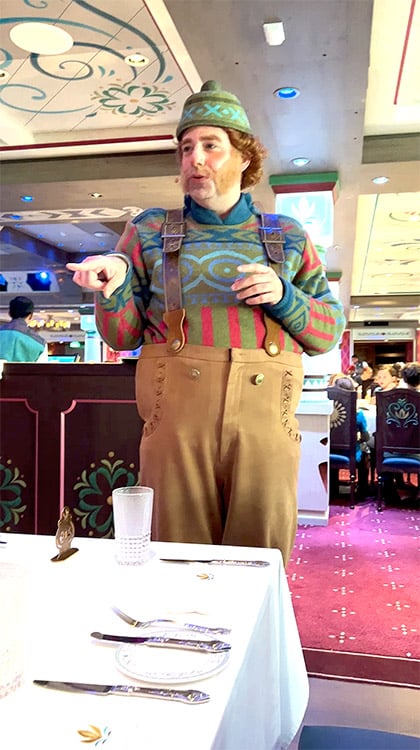 actor portraying Oaken from the movie Frozen in the Arendelle restaurant on the Disney Wish