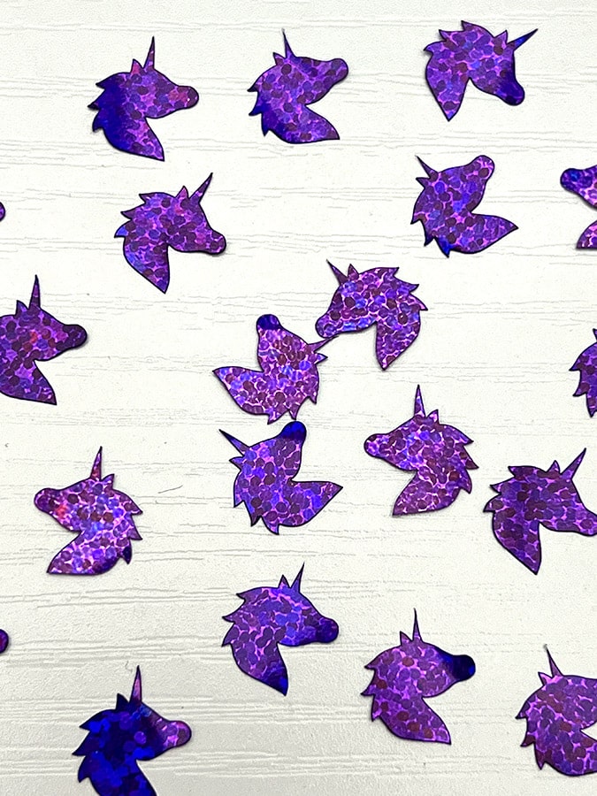 purple unicorn waterproof confetti made from Cricut party foil