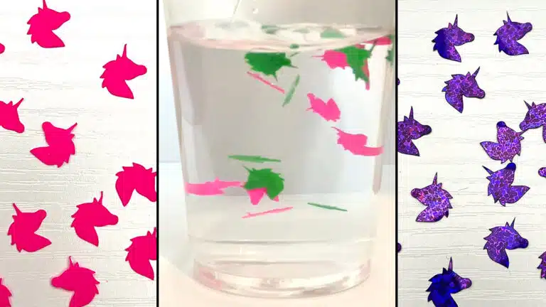 unicorn confetti made from various materials, some floating in water