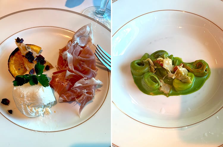 two photos of appetizers from 1923, with the mozzarella and prosciutto on the left and the tortelloni on the right