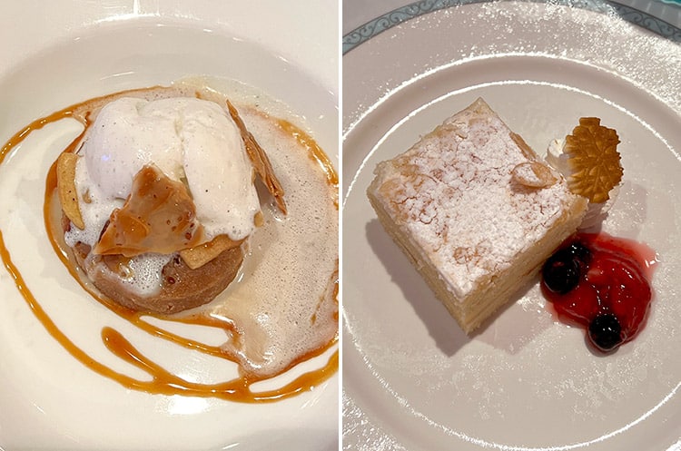 two photos of desserts from Arendelle, with the apple cake on the left and the butter cake on the right