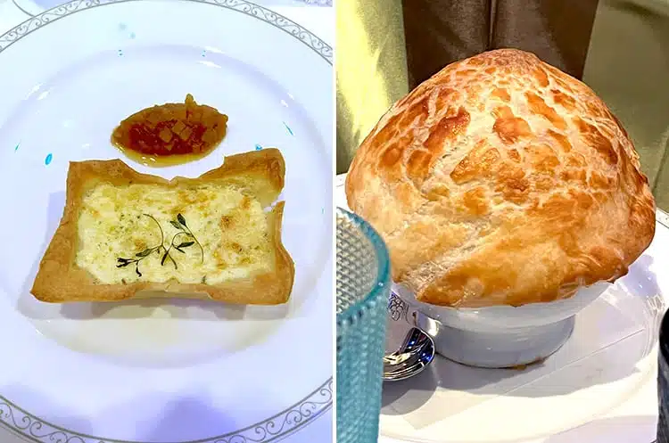 two photos of appetizers from Arendelle, with the cheese and ham tart on the left and Elsa's royal baked scallops with puff pastry on top on the right