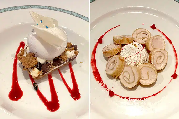 two photos of Arendelle desserts, including the Olaf's Campfire S'mores Bar on the left and the Pancake Roulade on the right