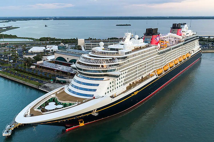 aerial view of the full length of the Disney Wish cruise ship