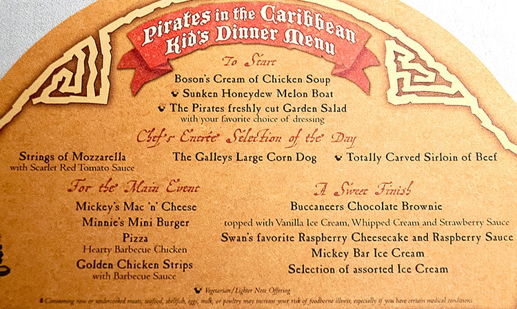 the kids' menu on Pirate Night from Disney Cruise Line