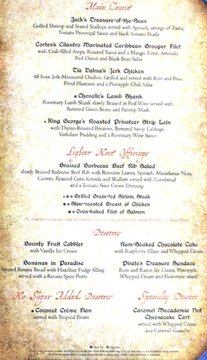 second page of the Pirate Night menu from Disney Cruise Line