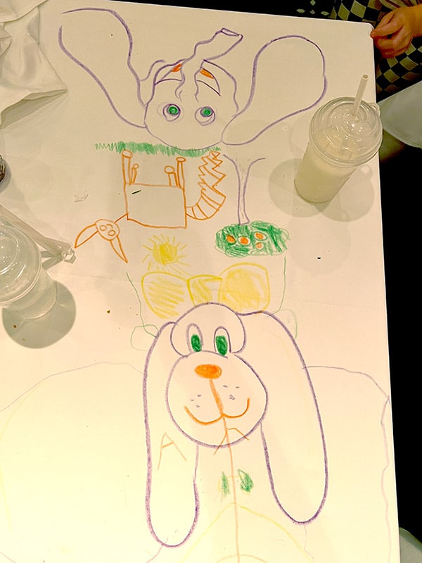 simple crayon drawings of a dog and elephant on a white tablecloth
