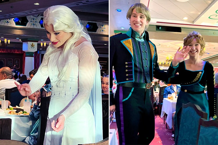 two photos showing Elsa as well as Kristoff and Anna in the Arendelle restaurant aboard the Disney Wish ship