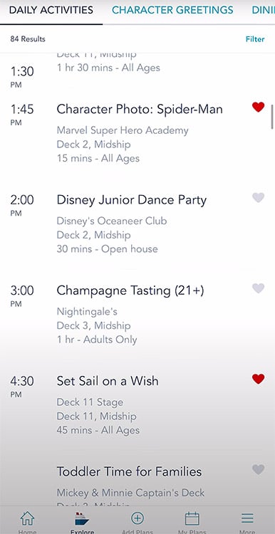 a screenshot of the Disney Cruise Line Navigator app showing hearts next to scheduled events