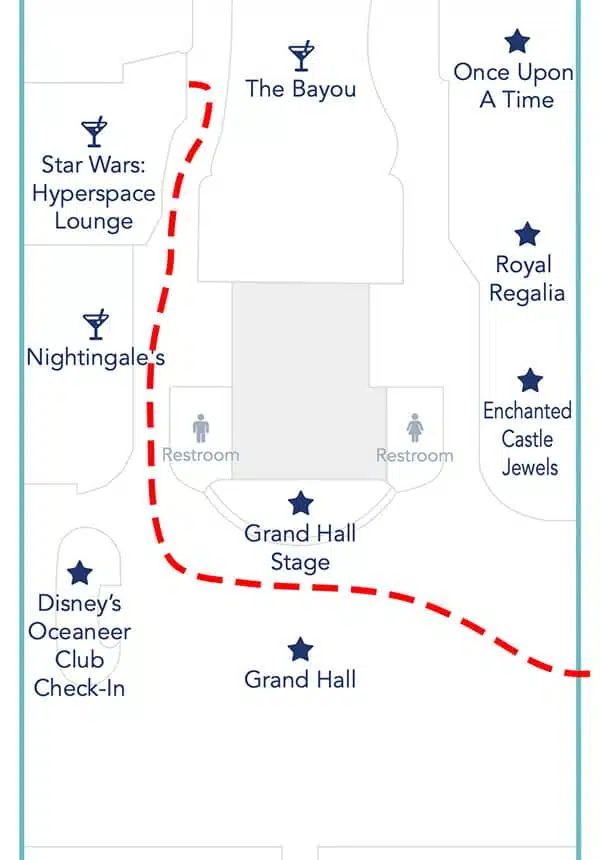 a map of Disney Wish deck 3 showing how to get from the boarding point to Hyperspace Lounge