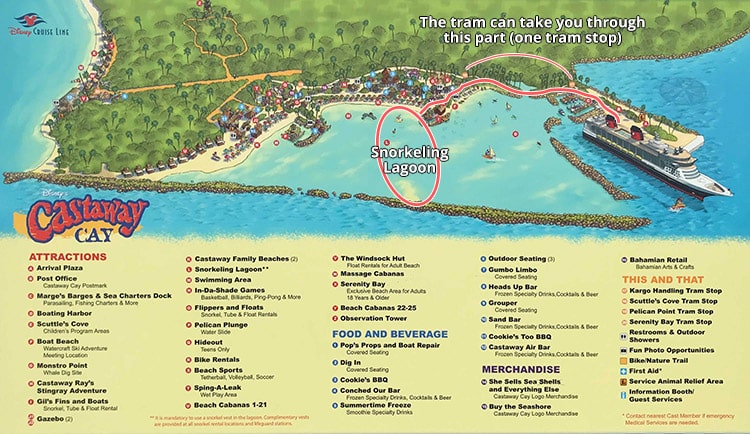 map of Castaway Cay with a highlighted path from the docked ship to the Snorkeling Lagoon