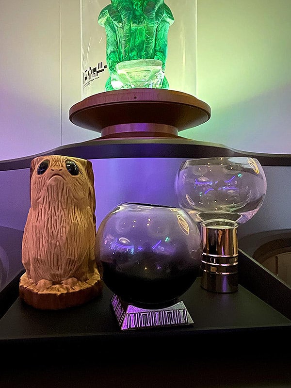 the three types of souvenir glasses in Hyperspace Lounge on the Disney Wish, including a Porg glass