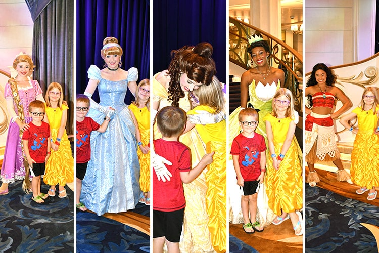 collage of five photos of children meeting the princesses Rapunzel, Cinderella, Belle, Tiana, and Moana at the Disney Wish Royal Gathering