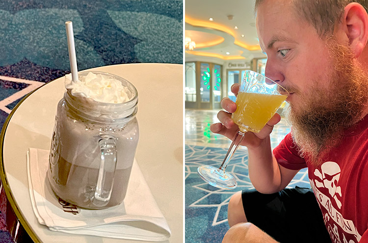 two photos of drinks from The Bayou on Disney Wish, the left showing the Louis Favorite and the right showing a man drinking a mimosa
