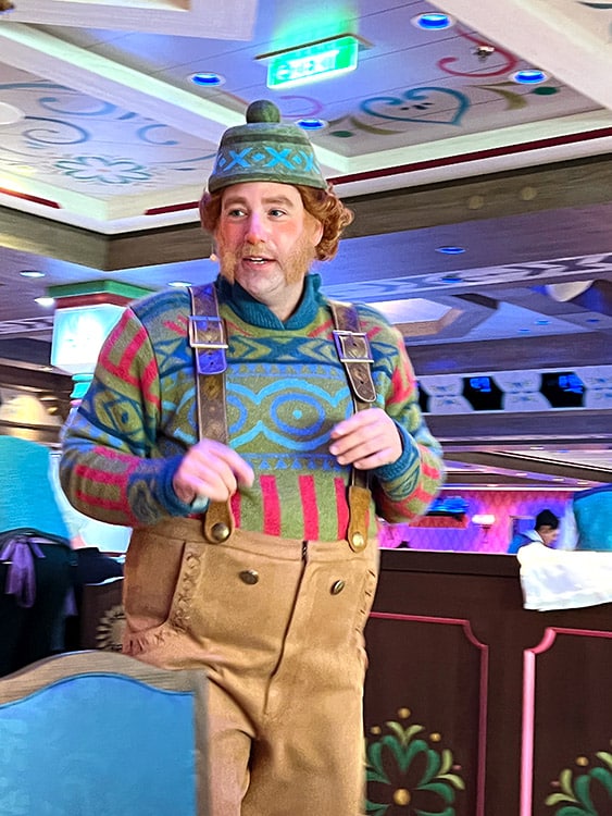 Oaken from the movie Frozen in the Arendelle restaurant on the Disney Wish ship