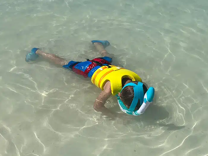 young boy snorkeling just off the shore of Castaway Cay