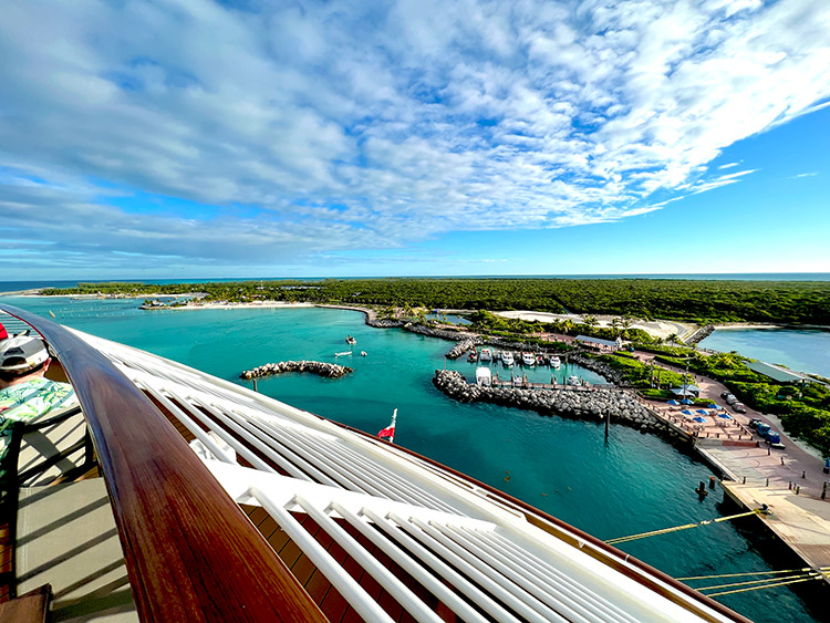 wide view of Castaway Cay from the outdoor dining area of Marceline Market
