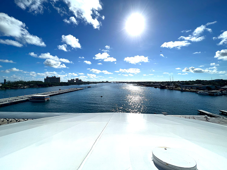 wide outward view of Nassau from the bow of the Disney Wish
