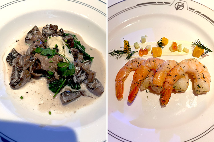 two photos of appetizers from Worlds of Marvel, the left showing sauteed mushrooms and the right showing lemon marinated shrimp