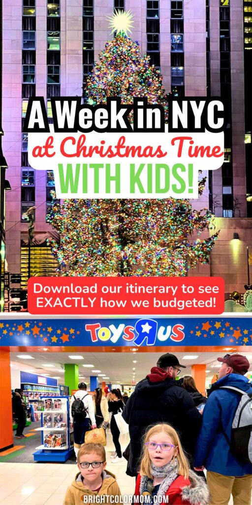 the Rockefeller Christmas tree and kids at a Toys R Us store