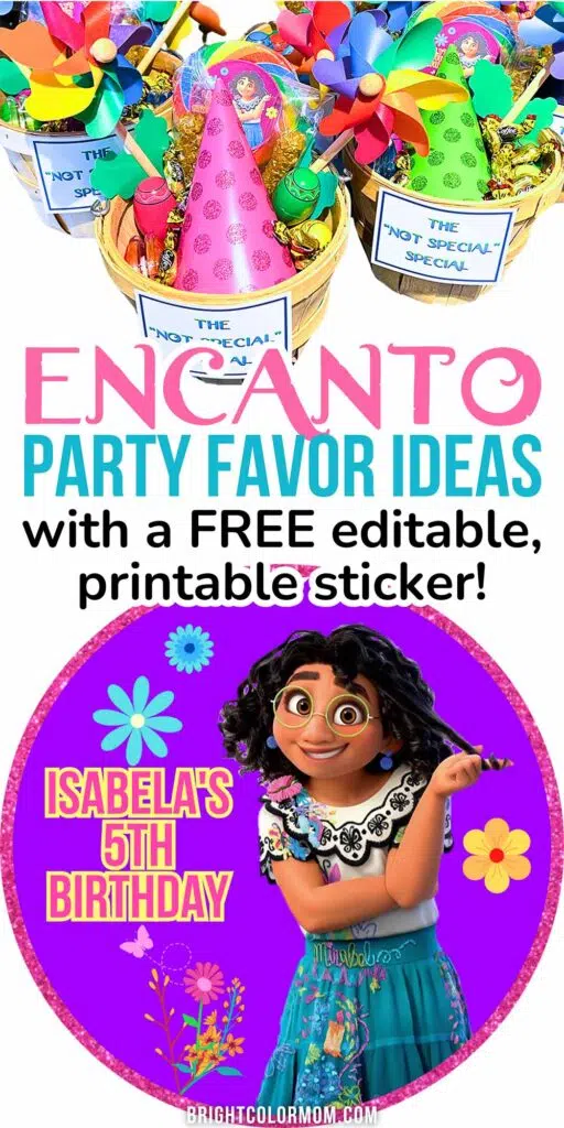 Encanto themed party favor gift baskets and a sticker template