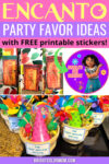 collage of Encanto-themed party favors with the text "Encanto party favor ideas with FREE printable stickers!"