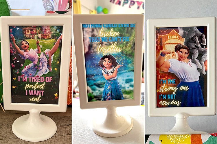 three frame photos, each featuring a Madrigal sister with a quote that sister says in the movie Encanto