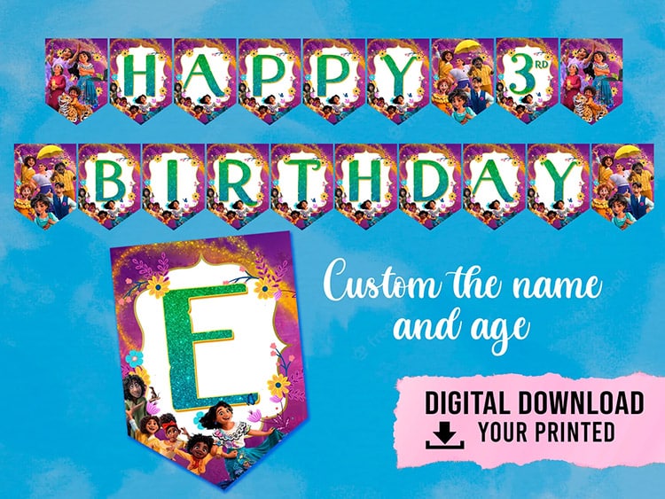 printable Encanto "Happy Birthday" banner pennants with green leters and purple borders with various characters