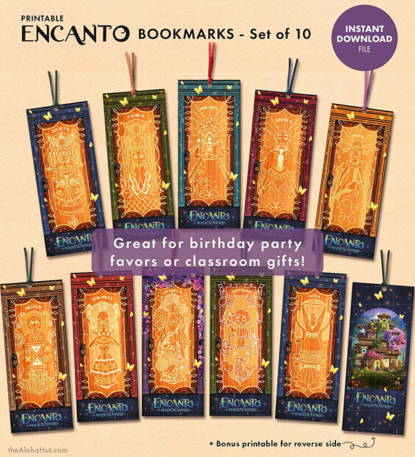 collection of printable Encanto bookmarks with each one featuring a different magical Madrigal family member door