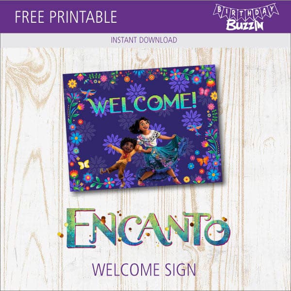 free printable Encanto welcome sign featuring Antonio and Mirabel on a purple background with floral border