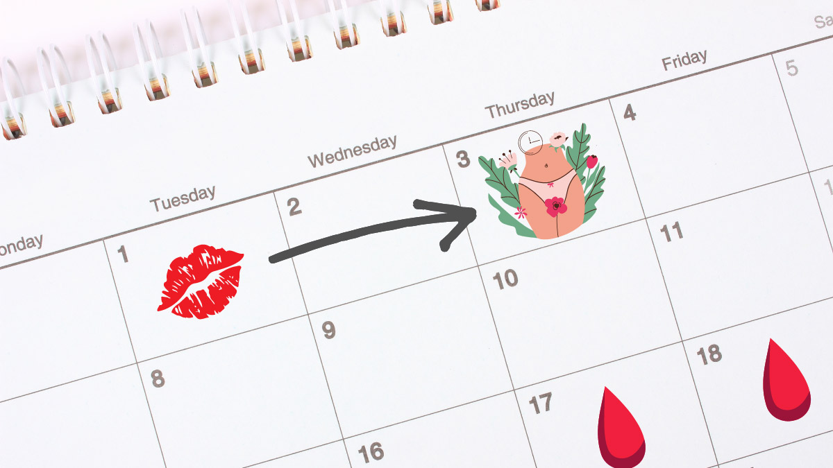 a calendar with a lipstick mark on one day (implying sex was had) with an arrow pointing to two days later with a graphic of a woman's groin area and flowers (implying her ovulation day) with blood drops on the calendar beginning to weeks later (implying her period should start then)