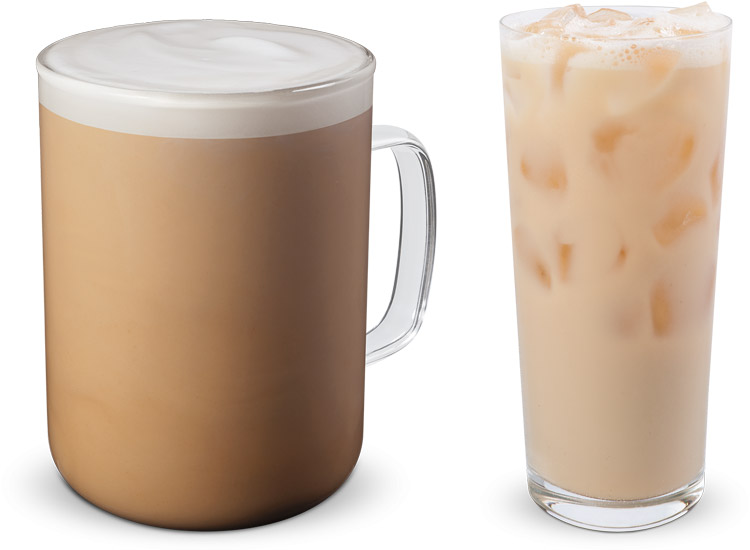 a Starbucks chai tea latte and a Starbucks iced chai tea latte side by side