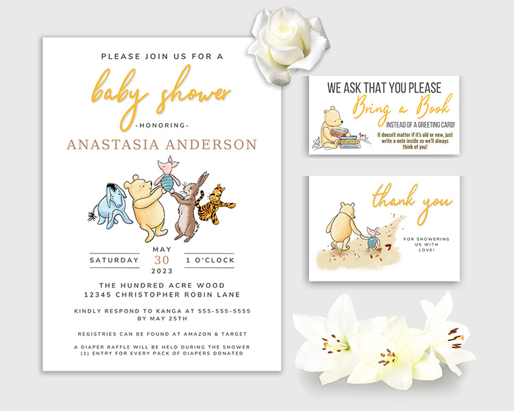 coordinating set of printable Winnie the Pooh baby shower invitations, bring a book cards, and thank you cards, all showcase of the individual pages of a large collection of Winnie the Pooh baby shower games printables featuring colorful illustrations of the vintage book characters