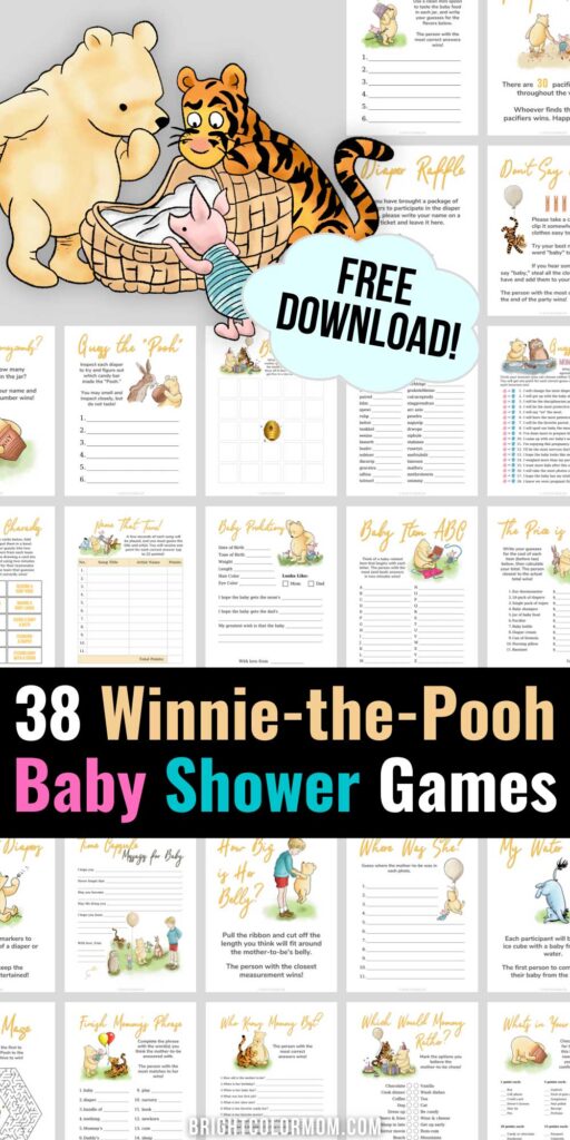 classic Winnie the Pooh illustration with Pooh bear, Tigger, and Piglet peeking in a baby basket surrounded by a showcase of the individual pages of a large collection of Winnie the Pooh baby shower games printables featuring colorful illustrations of the vintage book characters; text reads "Free download! 38 Winnie-the-Pooh baby shower games"