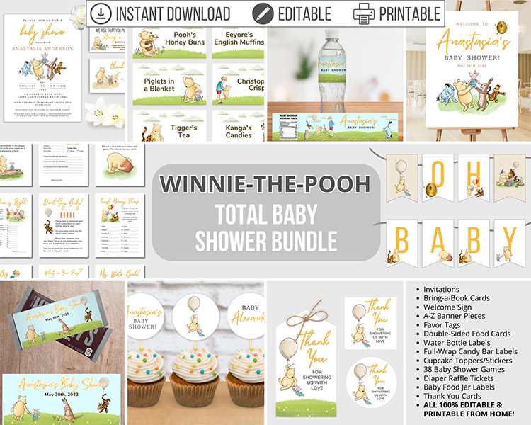 a large collection of printables in a vintage Winnie the Pooh baby shower bundle that includes invitations, decorations, games, favor tags, cupcake toppers, and more