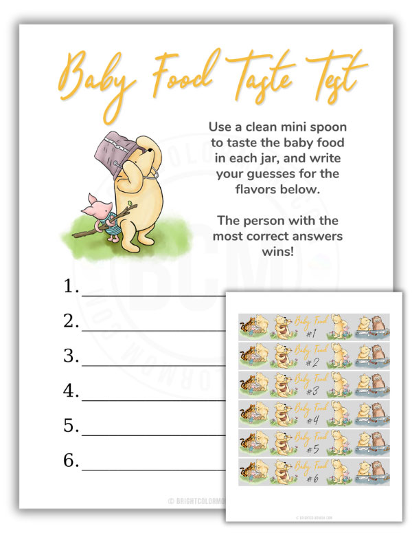 PDF of a baby food taste test baby shower game with matching baby food jar labels, all featuring an illustration of the classic Winnie the Pooh, Piglet, and friends